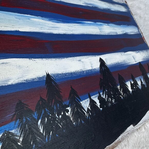Hand-Painted American Flag On Wood With Forest Silhouette Wall Art - Picture 2 of 6